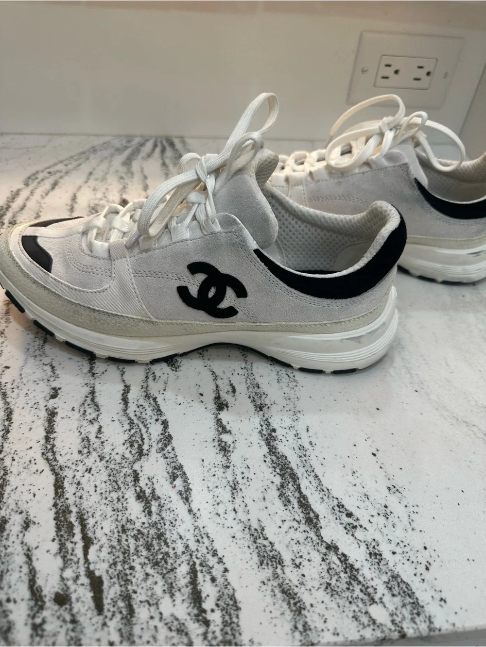 CHANEL White and Black Lace-Up Suede & Sneakers Size 39